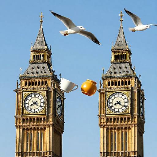 Photograph of Big Ben's clock towers against a bright blue sky, with three white seagulls and a golden-orange ring orbiting between them.