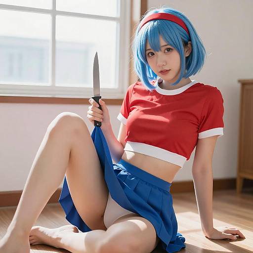 Young Woman with Blue Bob and Knife