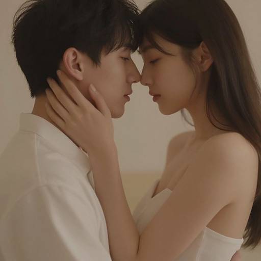 Photograph of a young Asian couple in a close, intimate embrace, facing each other with eyes closed, wearing white clothing, against a plain beige background