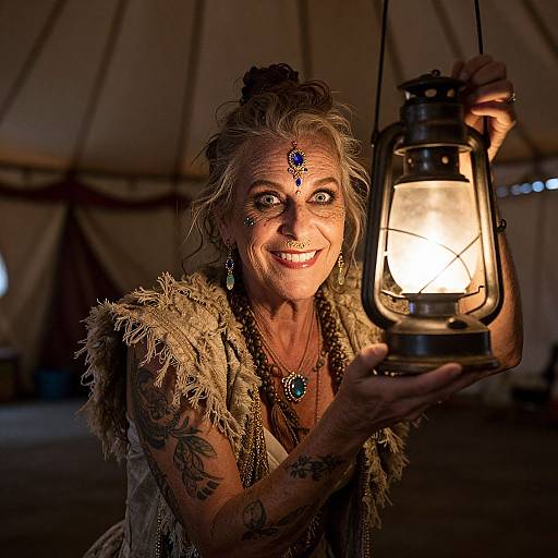 Photograph of a smiling, tattooed, elderly woman with wild hair, holding a glowing lantern inside a dimly lit tent. She wears tribal jewelry