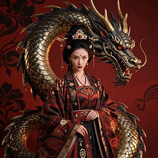 Digital illustration of an East Asian woman in a red and black patterned kimono, adorned with gold jewelry, standing beside a golden dragon with fierce red
