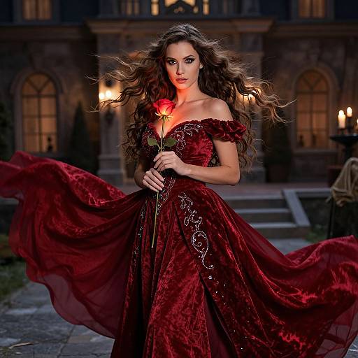 Photograph of a beautiful woman with long, wavy brown hair, wearing an off-shoulder, deep red velvet dress, holding a red rose