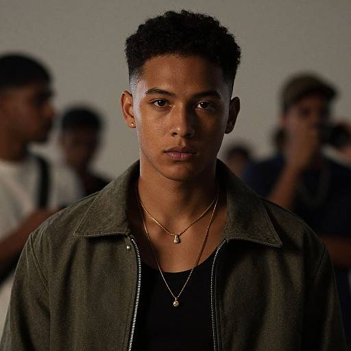 Photograph of a serious, young Black man with short curly hair, wearing a dark green jacket, black shirt, and gold necklaces, standing in