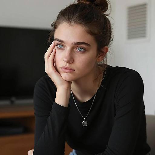 Thoughtful Young Woman with Blue Eyes