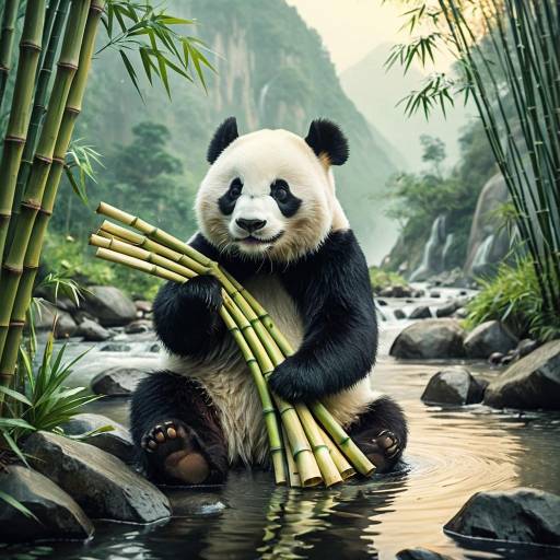 Cheerful panda holding bamboo at misty mountain stream