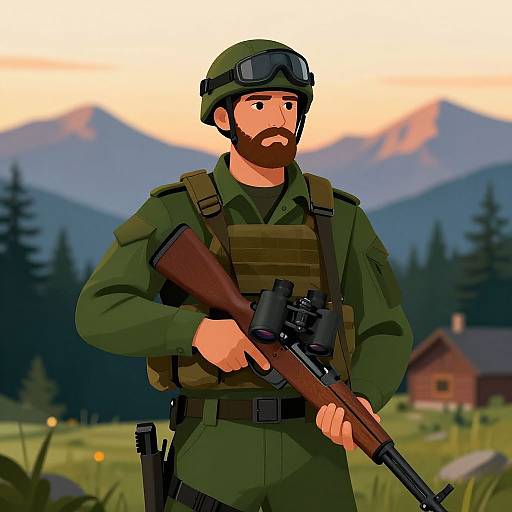 Digital drawing of a bearded soldier with goggles, green uniform, and rifle, standing in a mountainous forest with a cabin.