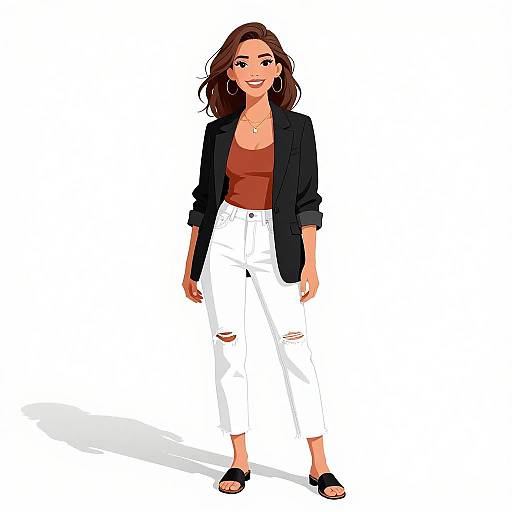Digital illustration of a smiling woman with medium-length brown hair, wearing a black blazer, red tank top, white ripped jeans, and black sandals,