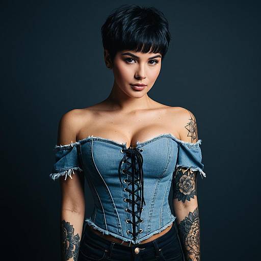 Fashionable Woman in Denim Corset with Tattoos