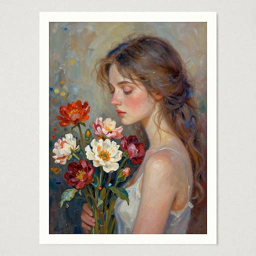 Digital painting of a fair-skinned, brown-haired woman with closed eyes, wearing a white dress, holding a bouquet of red, white, and pink