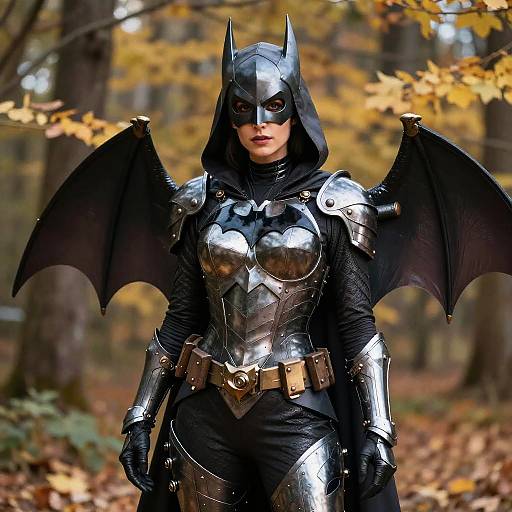 Photograph of a woman in detailed Batman-inspired armor with bat wings, black mask, and shiny silver chestplate, standing in a forest with autumn leaves