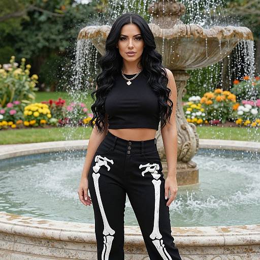 Woman by Ornate Fountain in Skeletal Outfit