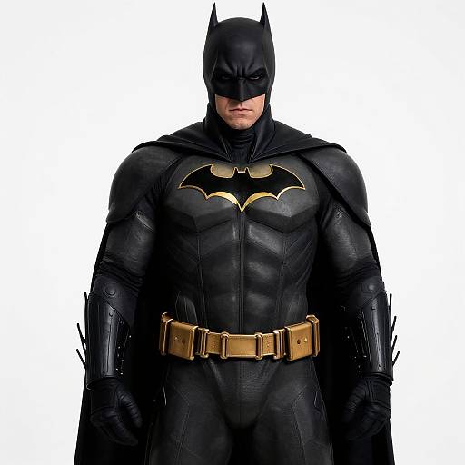Photograph of Batman, a muscular man in a black leather suit with a bat emblem, gold belt, and cowl, standing against a white background