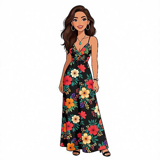 Digital illustration of a smiling woman with long brown hair, wearing a black floral sundress, hoop earrings, and a turquoise necklace.