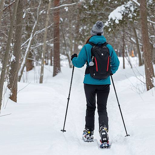 Photograph of a person from behind, wearing a teal jacket, black pants, and a beanie, skiing through a snowy forest with ski poles.