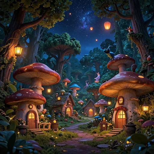 Whimsical, night-time forest scene with glowing mushroom houses, lanterns, starry sky, and fairy lights. Digital art style, vibrant colors