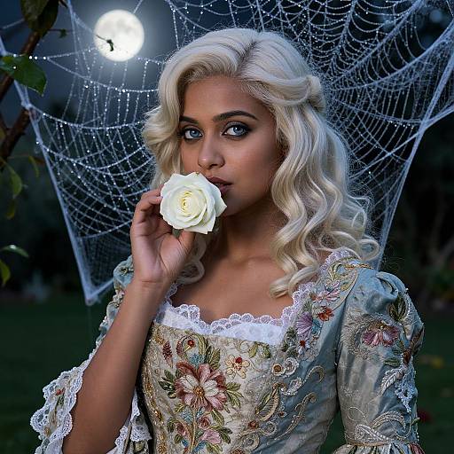 Photograph of a blonde woman with blue eyes, holding a white rose, wearing an ornate lace and floral dress, against a moonlit spiderweb