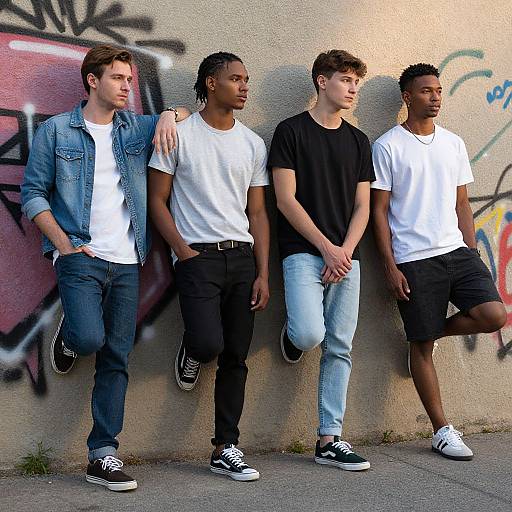 Photograph of four young men leaning against graffiti-covered wall, wearing jeans and white or black t-shirts, casual shoes, relaxed stance.