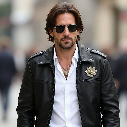 Photograph of a handsome, bearded man with medium-length brown hair, wearing dark sunglasses, a black leather jacket with a gold flower pin, and