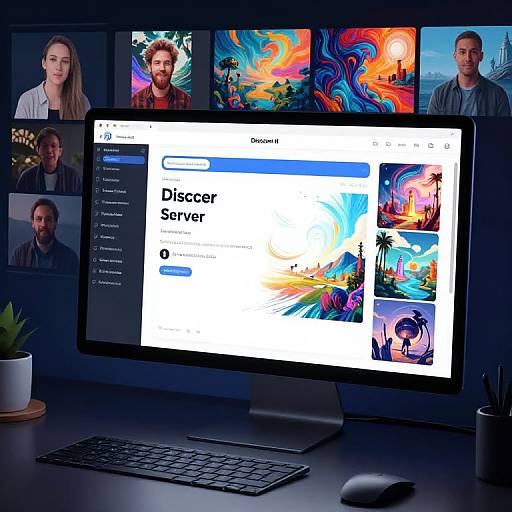 Photograph of a computer screen displaying the Discord app interface, surrounded by vibrant, colorful user profile photos in the background.