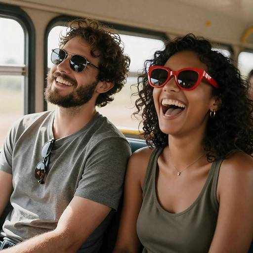 Happy Young Couple Laughing on Bus