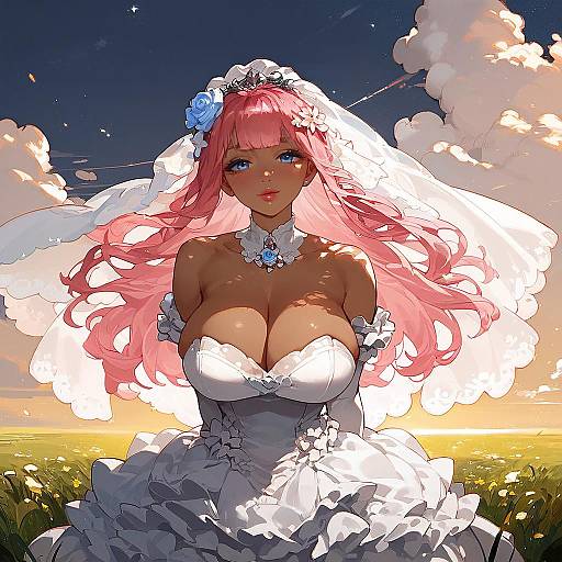Digital anime-style artwork of a beautiful, pink-haired bride with large breasts, wearing a white, strapless wedding dress and veil, set against a bright