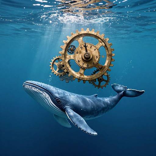 Photograph of a blue whale swimming underwater with a large, golden, gear mechanism above, illuminated by sunlight filtering through water.