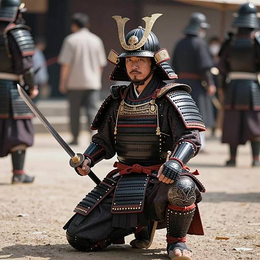 Kneeling Samurai in Full Armor Holding Sword