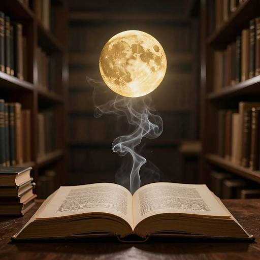 Photograph of an open book on a wooden table, with a glowing full moon and wispy smoke rising from it, surrounded by bookshelves in