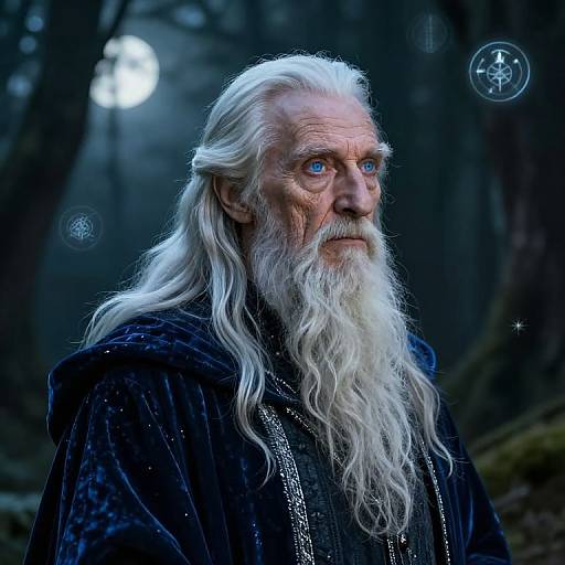 Photograph of an elderly, white-haired, bearded wizard with piercing blue eyes, wearing a dark velvet cloak, standing in a moonlit, fog