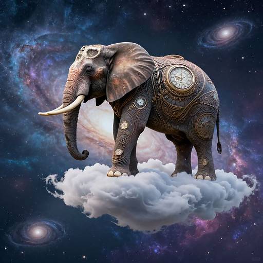 Digital artwork of a decorated, clock-adorned elephant standing on a cloud in a cosmic galaxy background with nebulae and stars.