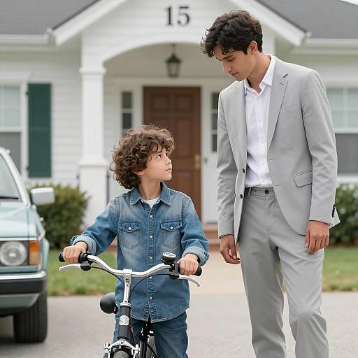 Man and Boy with Bicycle Outside House