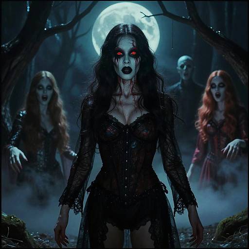 Digital horror artwork: Pale, red-eyed woman with black lace dress and blood-stained face stands under full moon, surrounded by zombie-like figures with glowing