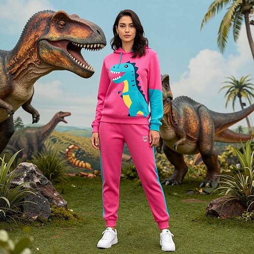 Photograph of a young woman with dark hair in a colorful pink and blue dinosaur-themed hoodie and pants, standing in a prehistoric jungle with realistic T