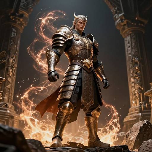 Digital art of a muscular, silver-haired knight with horns, in ornate black and gold armor, standing amid fiery flames between ancient stone arches.