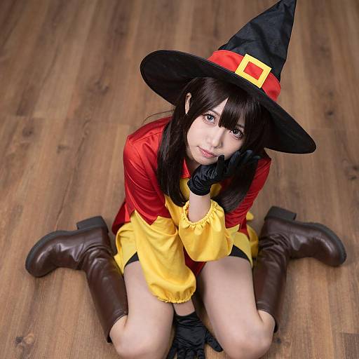 Playful Asian Woman in Witch Cosplay