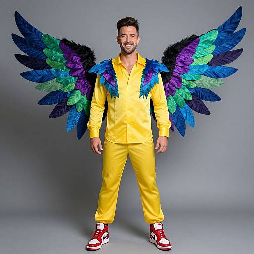 Photograph of a smiling man with dark hair, wearing a bright yellow jumpsuit, red and white sneakers, and large, colorful feathered angel wings