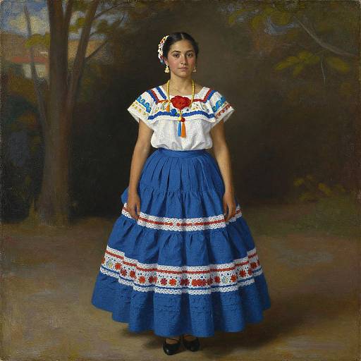 Photorealistic painting of a young woman with medium-dark skin, black hair in a bun, wearing a white blouse with blue and red embroidery, and