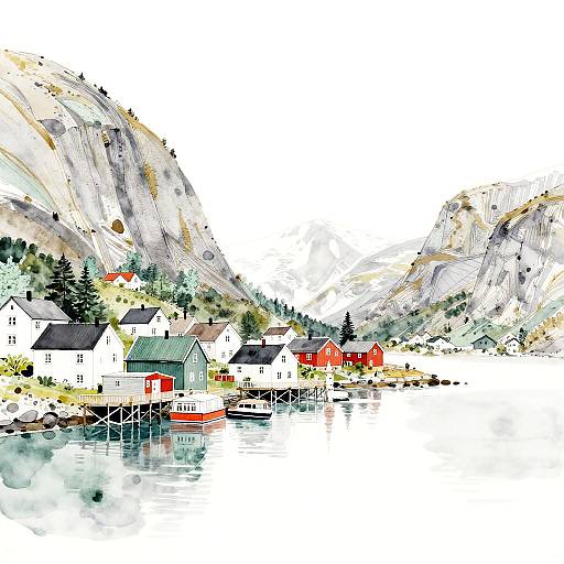 Minimalist Nordic Fjord Ink-Wash Scenes