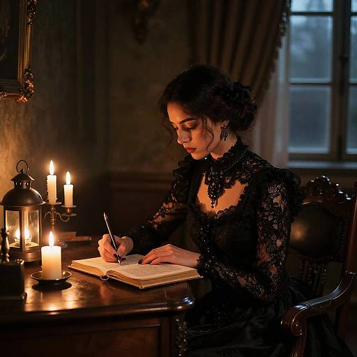 Photograph of a dark-haired woman in a black lace dress writing in a book by candlelight in a dim, vintage room.