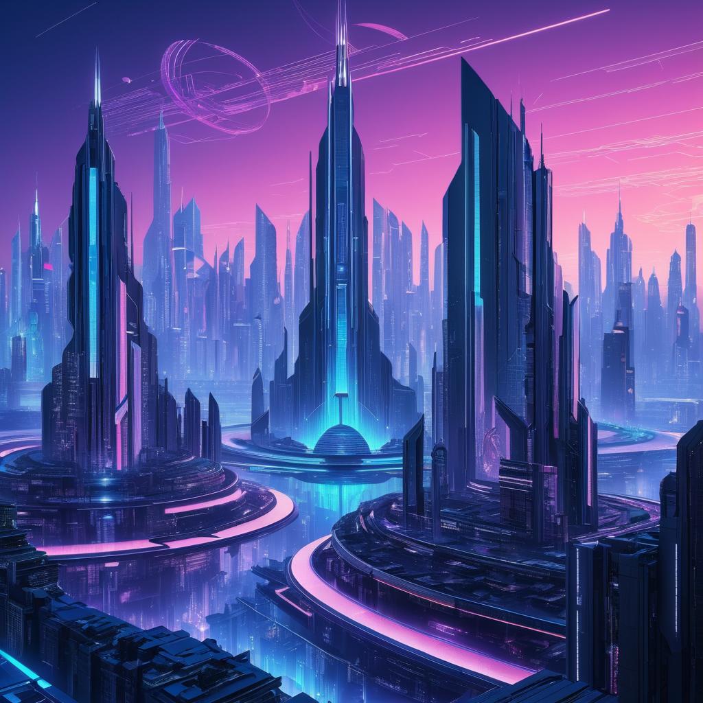 Futuristic Cyberpunk Art Deco Skyline Dusk