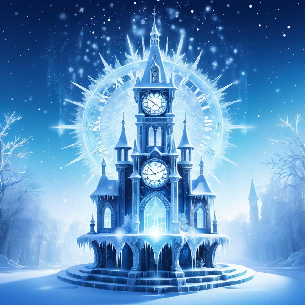 Enchanted Ice Clock Tower in Winter