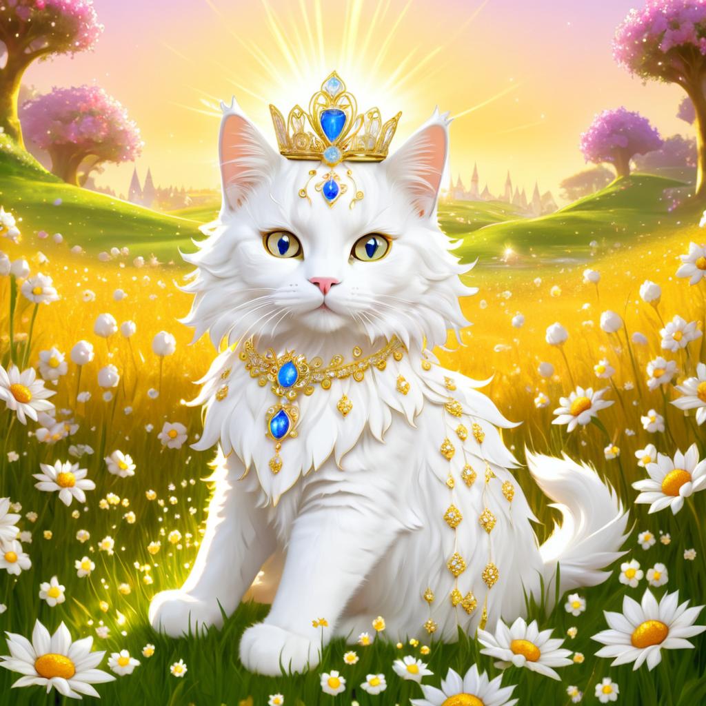 Regal White Cat in Flower Field