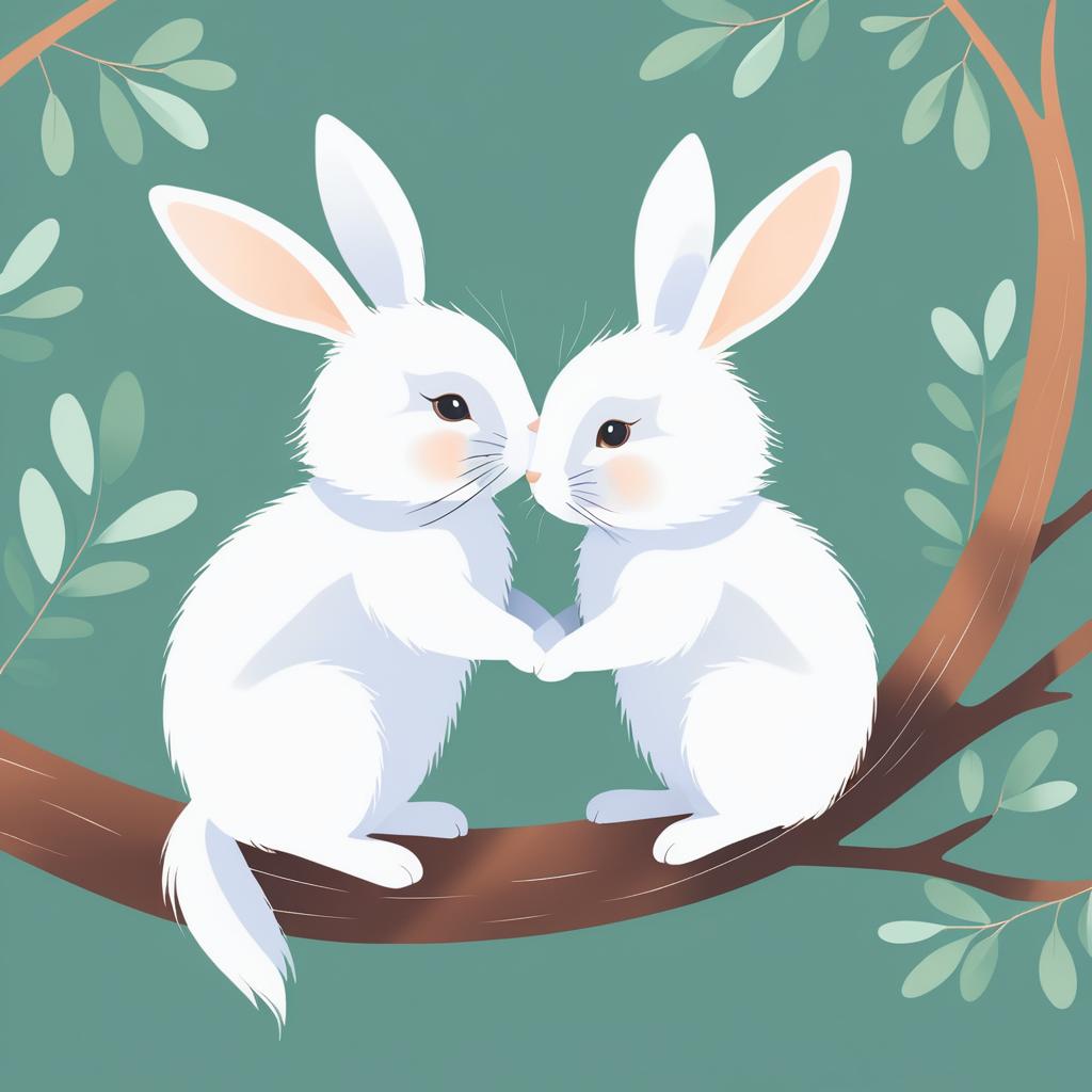 Whimsical Rabbits Cuddling on a Branch