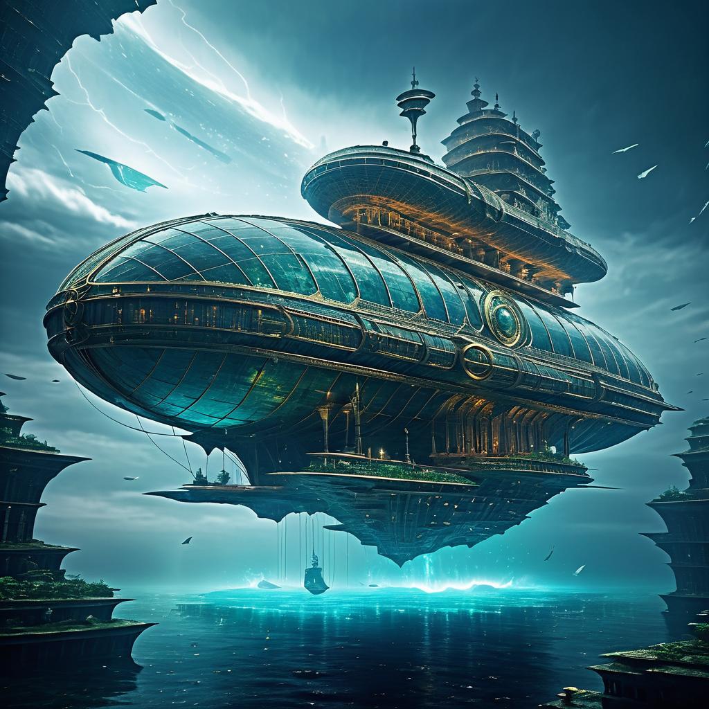 Futuristic Airship Over Ancient Underwater City