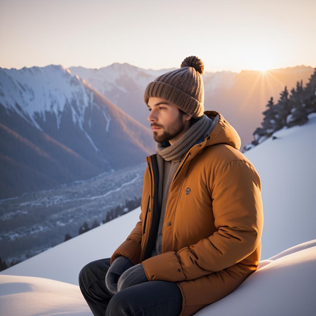 Serene Snowy Mountain Scene with Man