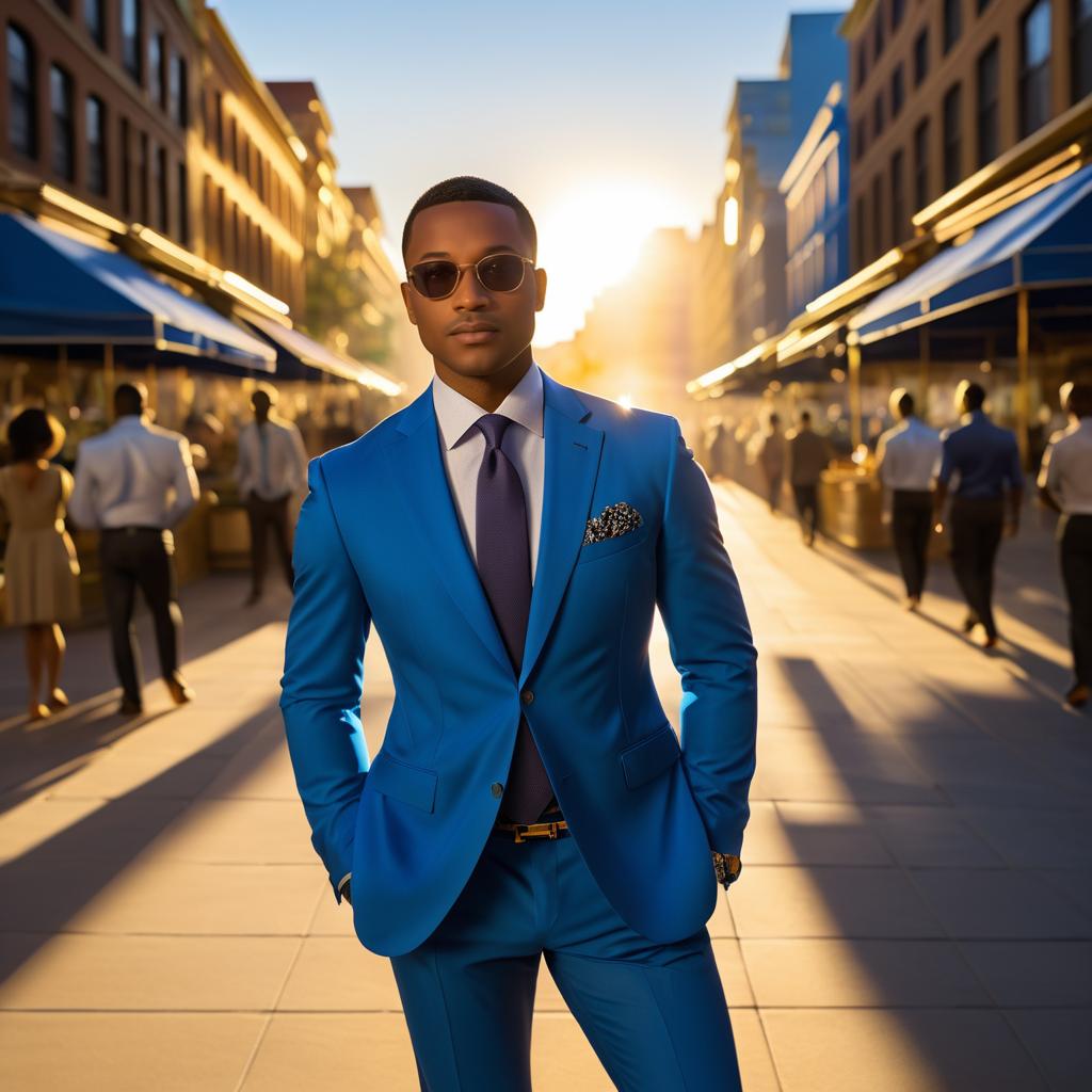 Elegant Man in Blue Blazer at Market