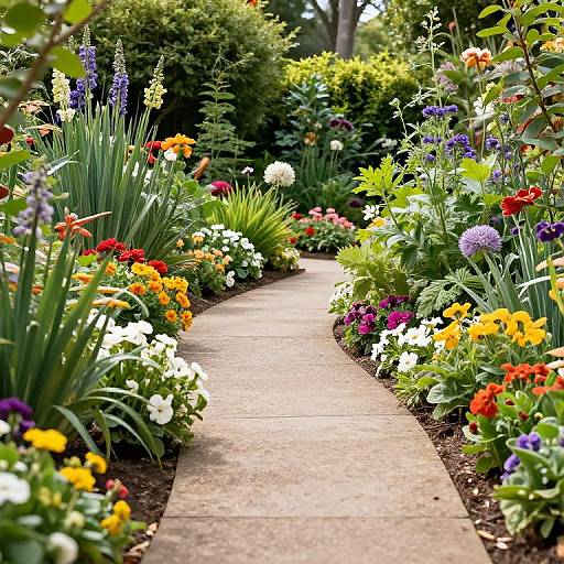 Photograph of a vibrant garden path lined with colorful flowers including red, yellow, purple, and white blooms, surrounded by lush greenery.