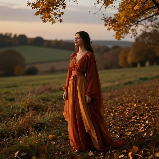 Photograph of a smiling woman in an orange, long-sleeve, V-neck dress standing on an autumn field path, surrounded by fallen leaves and