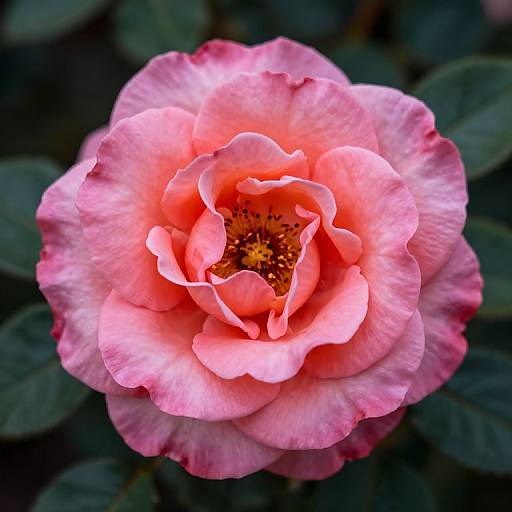 Photograph of a vibrant pink rose with delicate, ruffled petals and red-tipped edges, centered against a dark green leafy background.