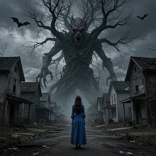Digital artwork of a woman in a blue dress facing a giant, terrifying, red-eyed monster with tree-like limbs in a deserted, stormy, abandoned